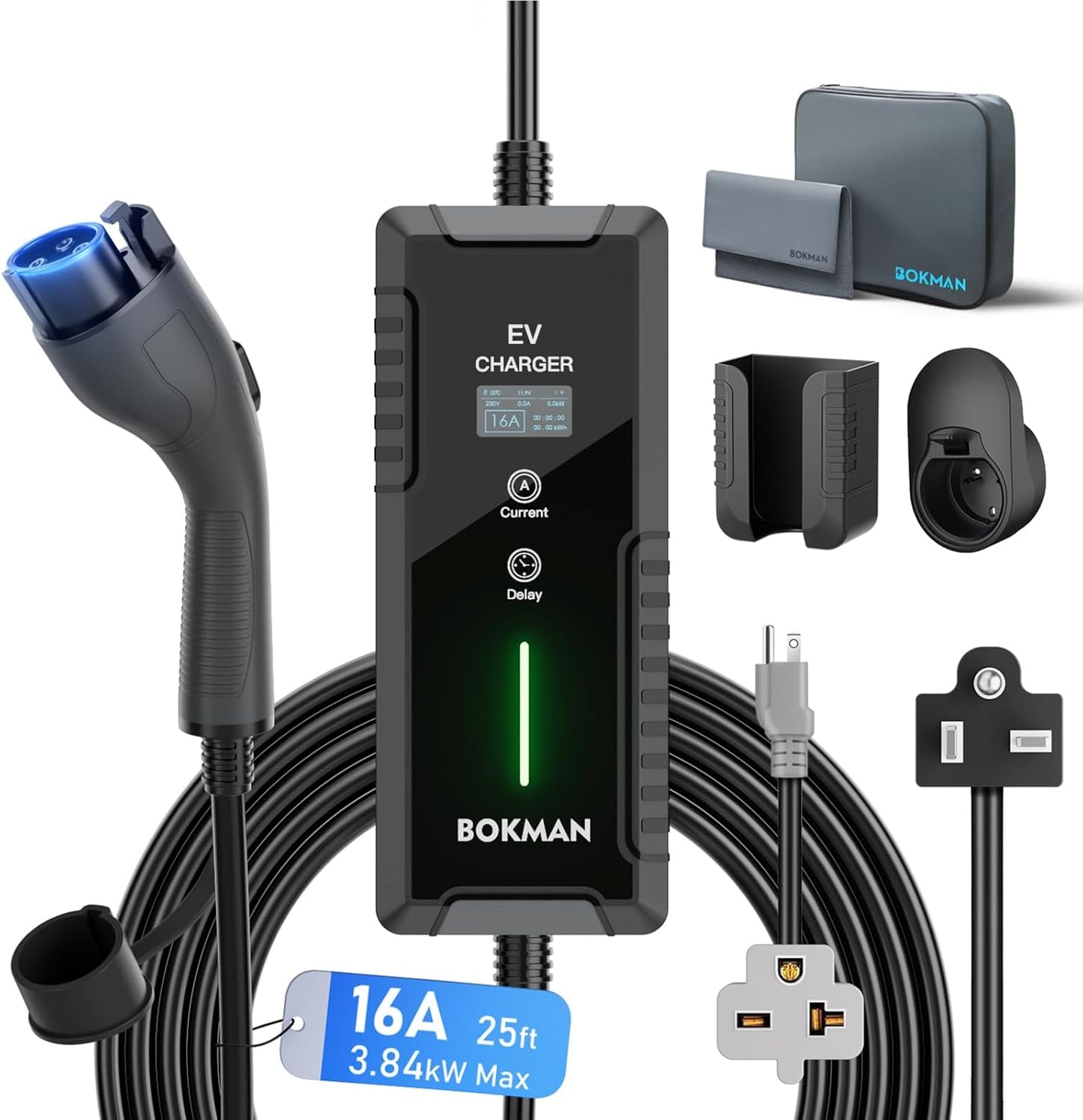 bokman Portable Level 1&2 EV Charger (240V, 16A) with 25ft Charging Cable and NEMA 6-20 for SAE-J1772 Electric Vehicles Current Adjustable and Reservation Charging Function (NEMA 5-15 Included)