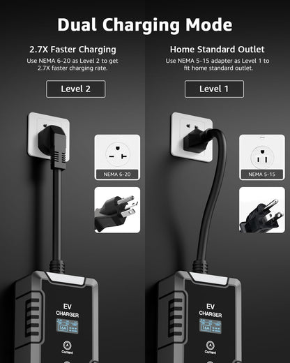 bokman Portable Level 1&2 EV Charger (240V, 16A) with 25ft Charging Cable and NEMA 6-20 for SAE-J1772 Electric Vehicles Current Adjustable and Reservation Charging Function (NEMA 5-15 Included)