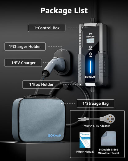 bokman Portable Level 2 EV Charger (240V, 32A) with 25ft Cable and NEMA 14-50 for SAE-J1772 Electric Vehicles Current Adjustable and Reservation Charging Function (NOT for Tesla)