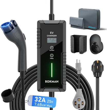 bokman Portable Level 2 EV Charger (240V, 32A) with 25ft Cable and NEMA 14-50 for SAE-J1772 Electric Vehicles Current Adjustable and Reservation Charging Function (NOT for Tesla)