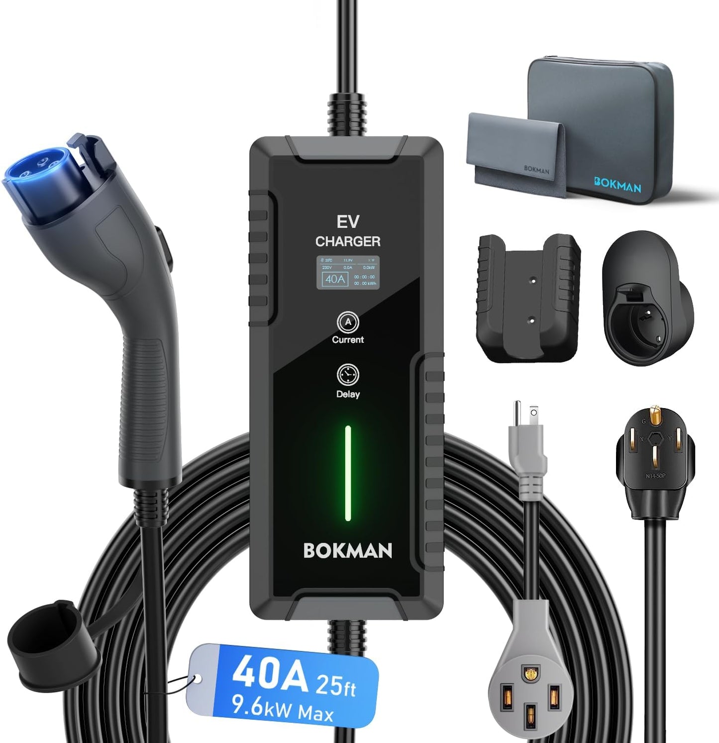 bokman Portable Level 1&2 EV Charger (240V,40A) Current Adjustable with 25ft Charging Cable and NEMA 14-50 for SAE-J1772 Electric Vehicles and PHEVs, Reservation Charging Function+ NEMA 5-15 Included