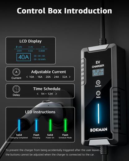 bokman Portable Level 1&2 EV Charger (240V,40A) Current Adjustable with 25ft Charging Cable and NEMA 14-50 for SAE-J1772 Electric Vehicles and PHEVs, Reservation Charging Function+ NEMA 5-15 Included