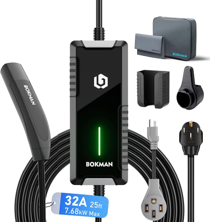 bokman Level 2 Mobile Charger for Tesla (32Amps, 25ft) with NEMA 14-50 Plug and NEMA 5-15 for Level 1, Compatible with Tesla Model 3/Y/X/S/Cybertruck